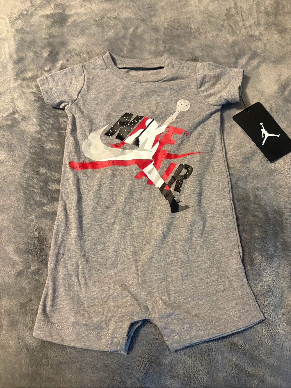Nike Air Jordan Gray Short-Sleeve Logo Romper with Red & Black Accents Size 6-9M
